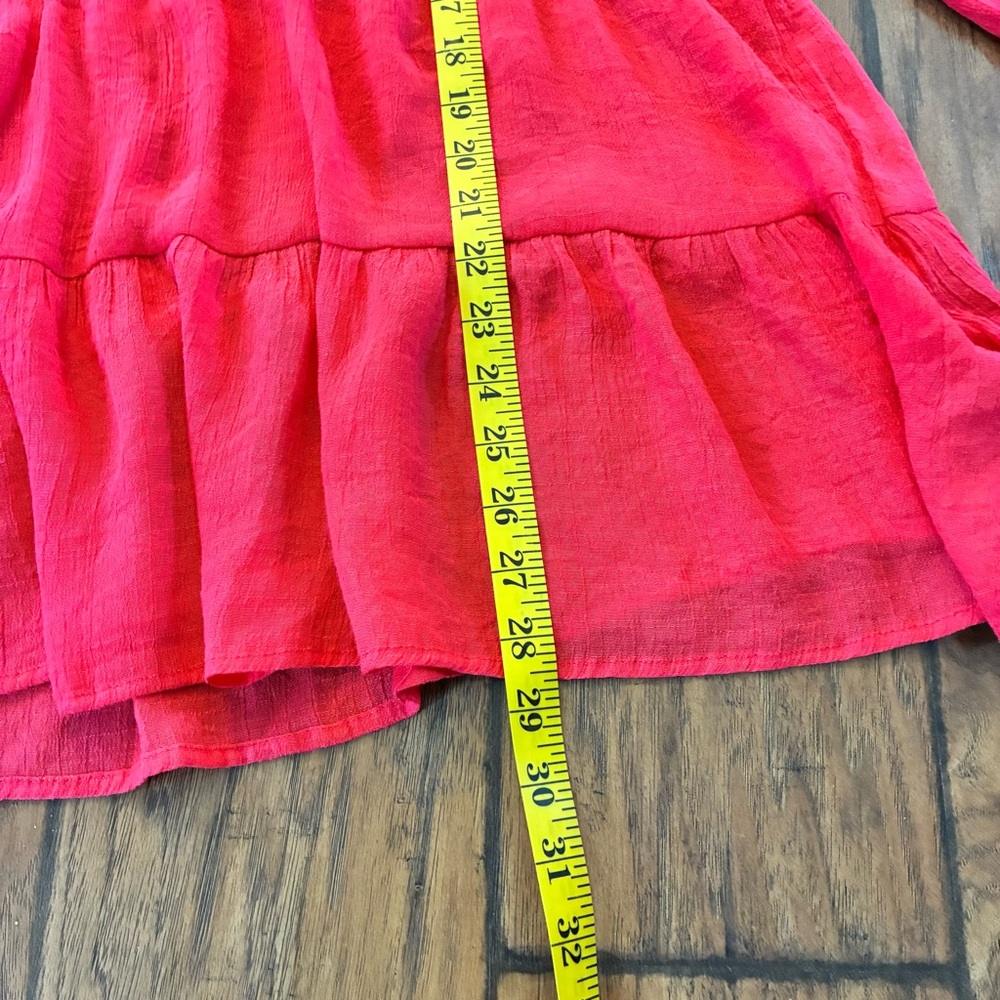Zac & Rachel Vibrant Coral Boho V-Neck Tiered Flowy Peasant / Cottage Blouse - Picture 12 of 12